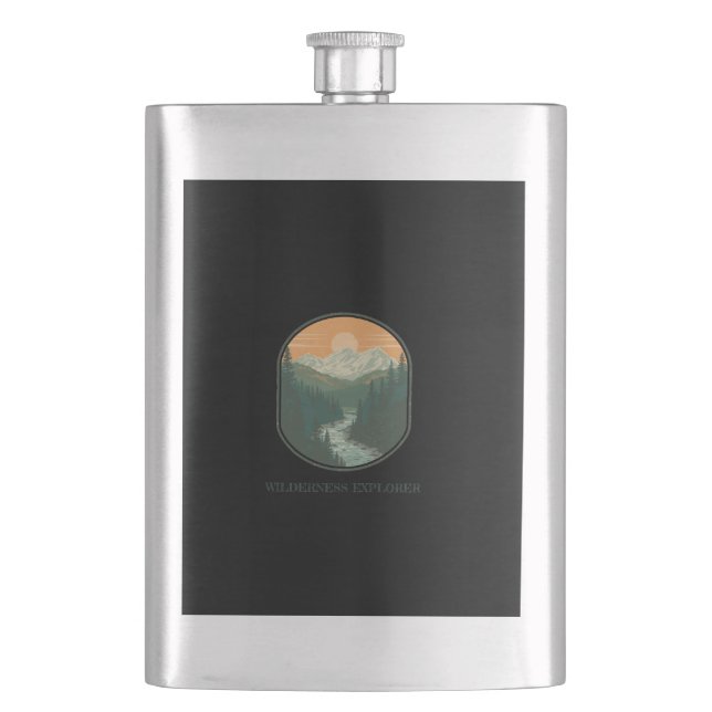 Personalised Wilderness Explorer Retro Mountain  Hip Flask (Front)