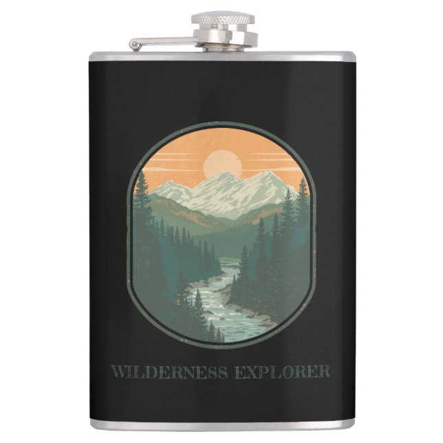 Personalised Wilderness Explorer Retro Mountain  Hip Flask (Front)