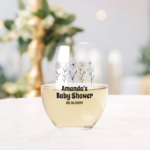 Personalised Wildflower Baby Shower Party Favours Stemless Wine Glass