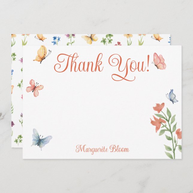 Personalised Wildflower Butterflies Bridal Shower  Thank You Card (Front/Back)