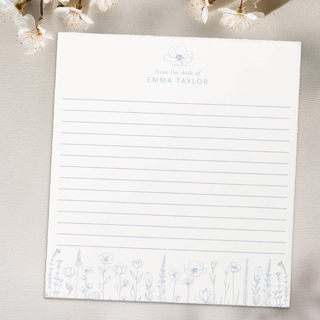 Personalised Wildflower Dusty Blue Desk Notepad (Dusty Blue Paper Pad)