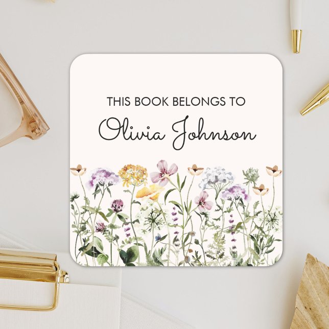 Personalised Wildflower Garden Floral Bookplate Square Sticker (In situ)