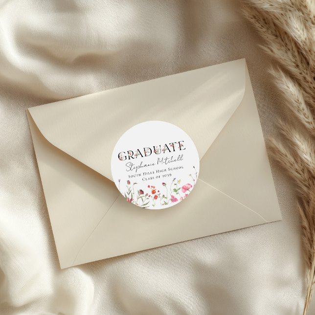 Personalised Wildflower Graduation  Classic Round Sticker (Personalized Wildflower Graduation Classic Round Sticker)