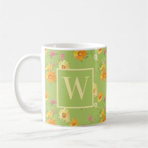 Personalised Wildflower Green Floral Monogrammed Coffee Mug