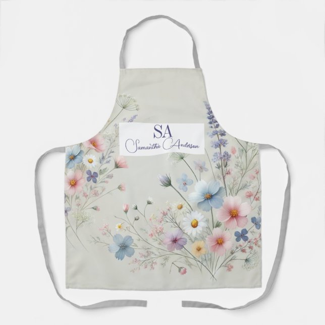 Personalised Wildflower Kitchen Apron with Initial (Front)