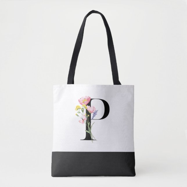 Personalised Wildflower Monogram Letter P Tote Bag (Front)