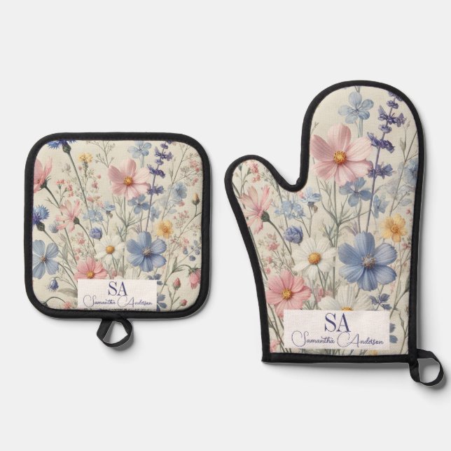 Personalised Wildflower Oven Mitt & Pot Holder Set (Front)
