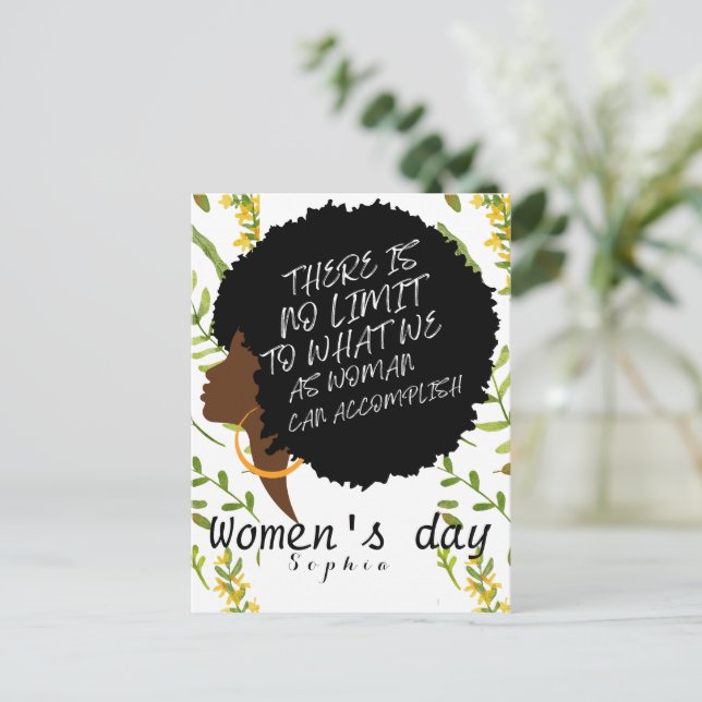 Personalised wildflowers afro women's day quote postcard (Standing Front)