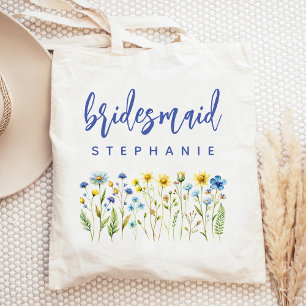 Personalised Wildflowers Blue Script Bridesmaid Tote Bag