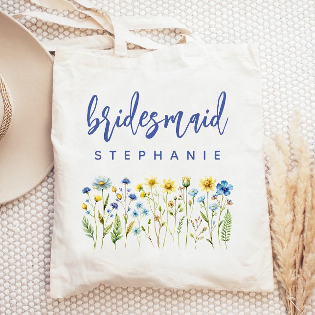 Personalised Wildflowers Blue Script Bridesmaid Tote Bag (Creator Uploaded)