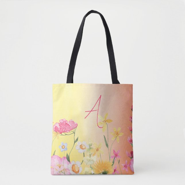 Personalised Wildflowers Pink and Yellow Colourful Tote Bag (Front)