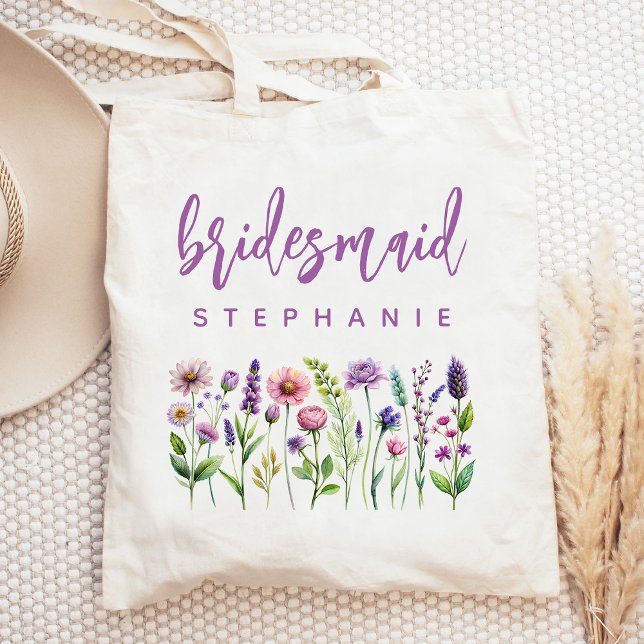 Personalised Wildflowers Purple Script Bridesmaid Tote Bag (Creator Uploaded)