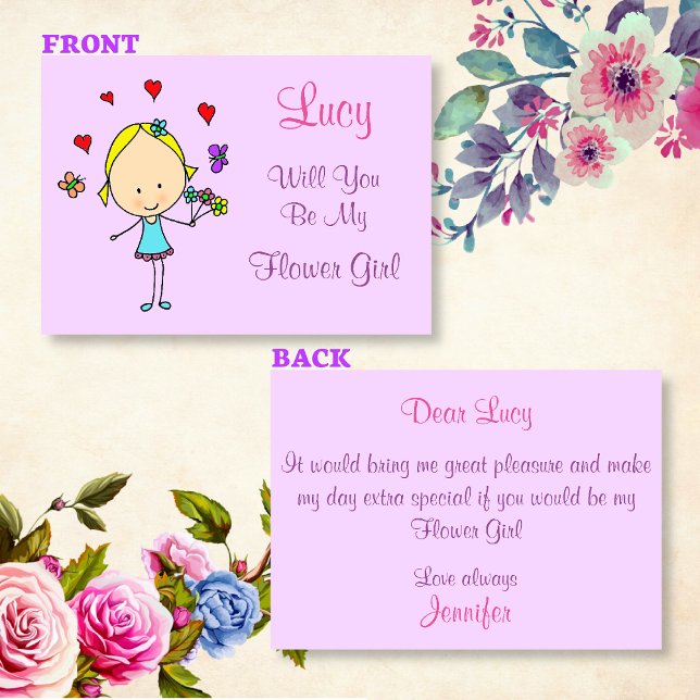 Personalised Will You Be My Flower Girl Invitation (Front and back view of the invitation)