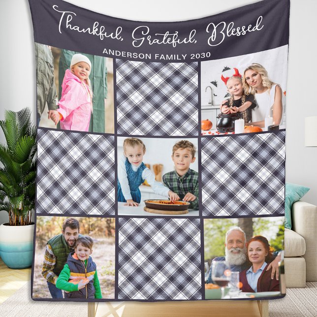 Personalised Winter Blue Grey Plaid Photo Collage Fleece Blanket (Creator Uploaded)