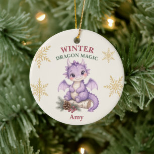 Personalised Winter Dragon Magic Watercolor Ceramic Ornament