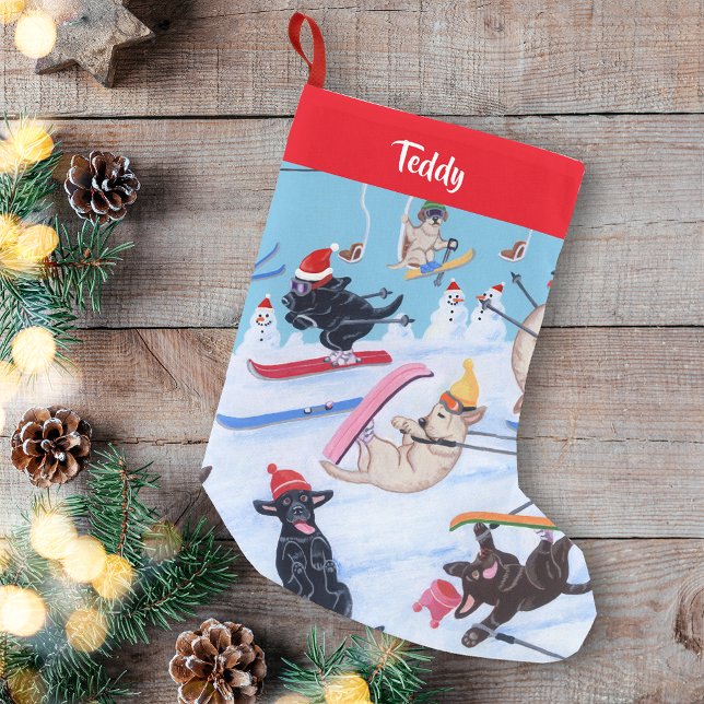 Personalised Winter Fun Christmas Skiing Labradors Small Christmas Stocking (Personalized Winter Fun Christmas Skiing Labradors Design Christmas Stocking for Labrador Owners.)
