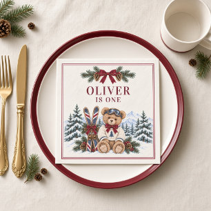 Personalised Winter Mountain Teddy Bear Burgundy Napkin