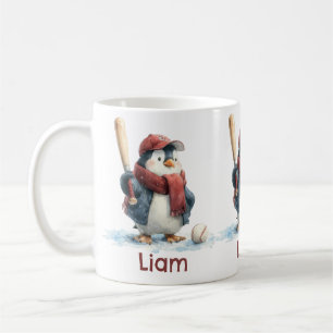Personalised Winter Penguin Baseball Kid Coffee Mug