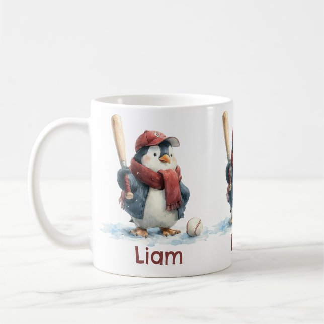 Personalised Winter Penguin Baseball Kid Coffee Mug (Left)