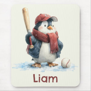 Personalised Winter Penguin Baseball Kid Mouse Pad