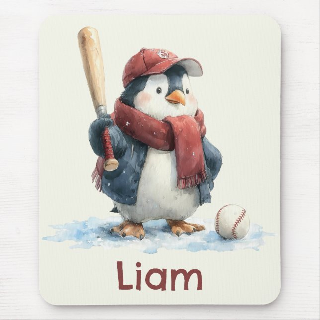 Personalised Winter Penguin Baseball Kid Mouse Pad (Front)