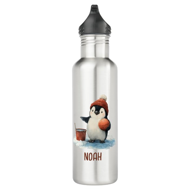 Personalised Winter Penguin Basketball Kid 710 Ml Water Bottle (Right)