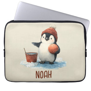 Personalised Winter Penguin Basketball Kid Laptop Sleeve