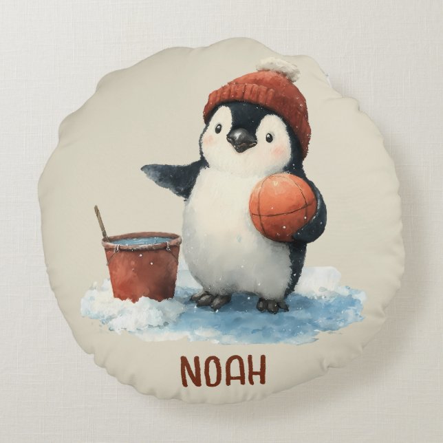 Personalised Winter Penguin Basketball Kid Round Cushion (Back)