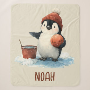 Personalised Winter Penguin Basketball Kid Sherpa Blanket