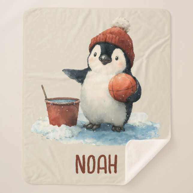 Personalised Winter Penguin Basketball Kid Sherpa Blanket (Front)