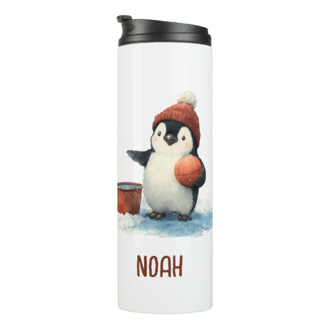 Personalised Winter Penguin Basketball Kid Thermal Tumbler (Rotated Right)