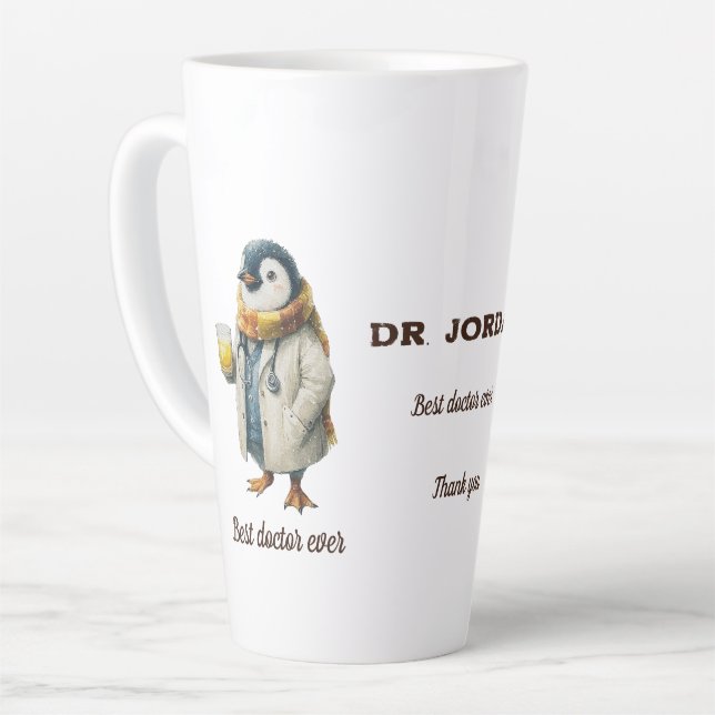 Personalised Winter Penguin “Best Doctor Ever” Latte Mug (Left Angle)