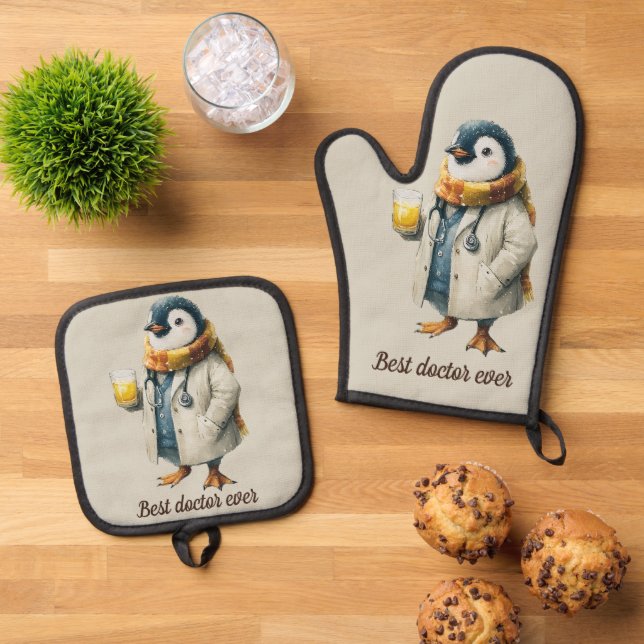 Personalised Winter Penguin “Best Doctor Ever” Oven Mitt & Pot Holder Set (Top Down)