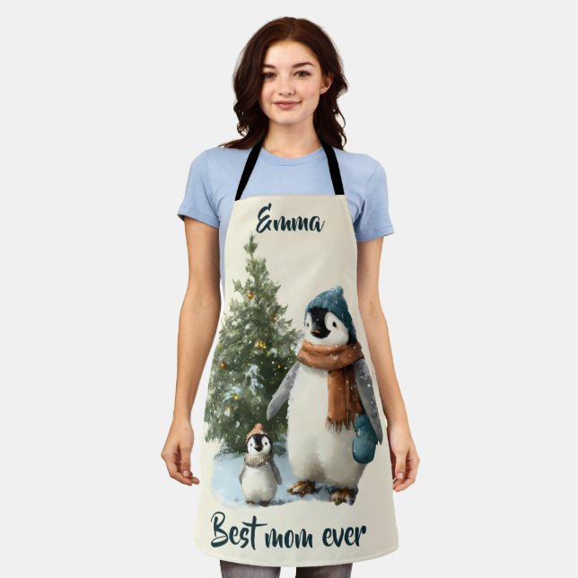 Personalised Winter Penguin “Best Mum Ever” Apron (Worn)