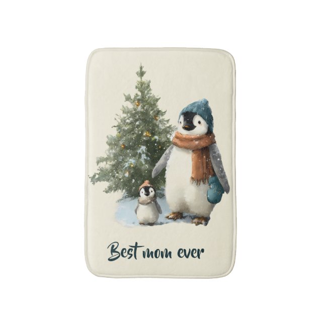 Personalised Winter Penguin “Best Mum Ever” Bath Mat (Front Vertical)