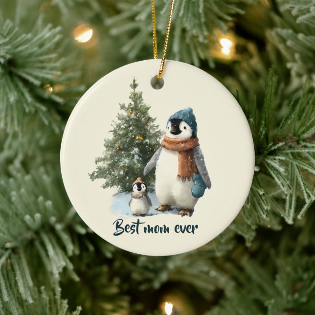 Personalised Winter Penguin “Best Mum Ever” Ceramic Ornament (Tree)