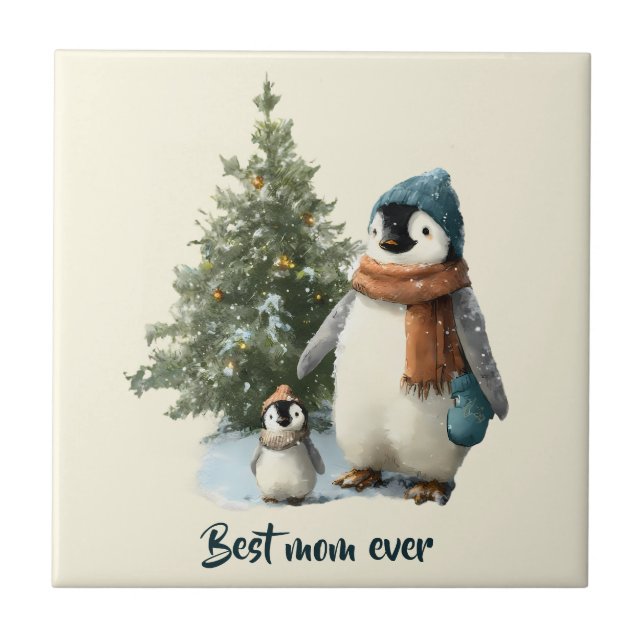 Personalised Winter Penguin “Best Mum Ever” Ceramic Tile (Front)