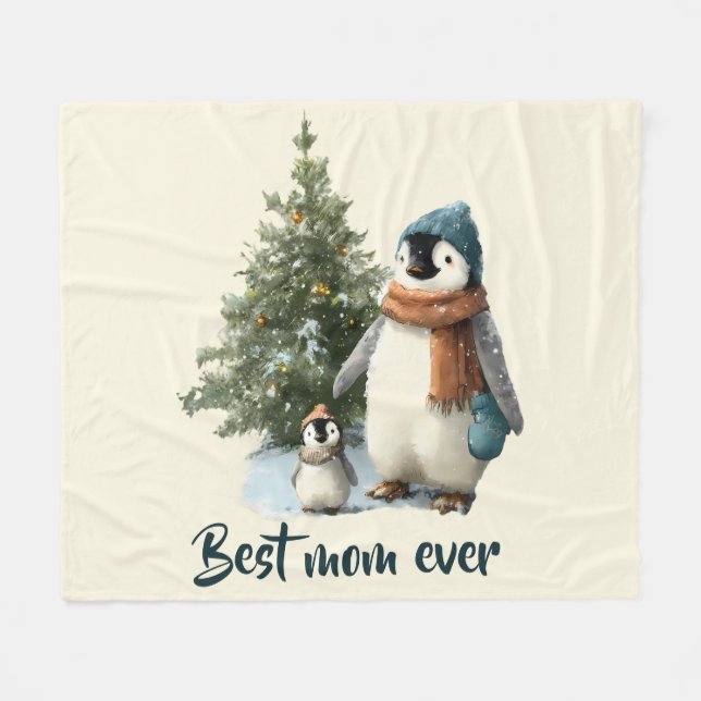 Personalised Winter Penguin “Best Mum Ever” Fleece Blanket (Front (Horizontal))
