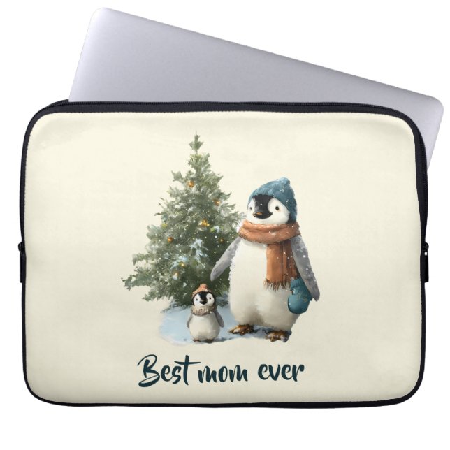 Personalised Winter Penguin “Best Mum Ever” Laptop Sleeve (Front)