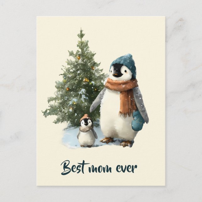 Personalised Winter Penguin “Best Mum Ever” Postcard (Front)