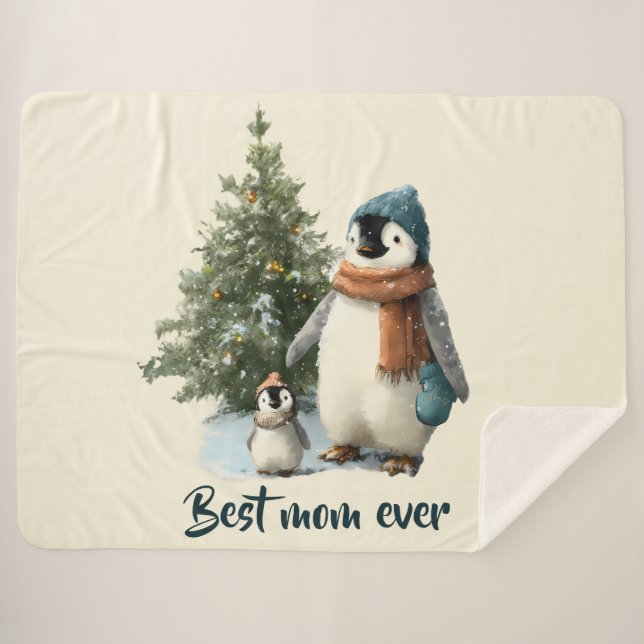 Personalised Winter Penguin “Best Mum Ever” Sherpa Blanket (Front (Horizontal))