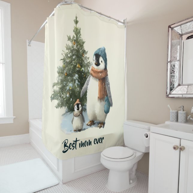 Personalised Winter Penguin “Best Mum Ever” Shower Curtain (In Situ)