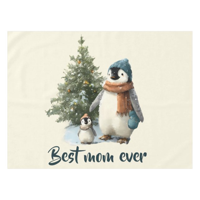 Personalised Winter Penguin “Best Mum Ever” Tablecloth (Front (Horizontal))