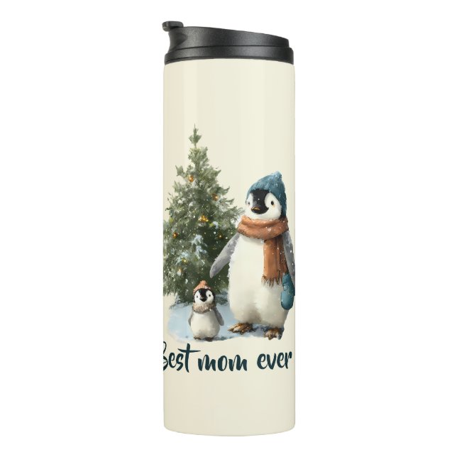Personalised Winter Penguin “Best Mum Ever” Thermal Tumbler (Rotated Right)