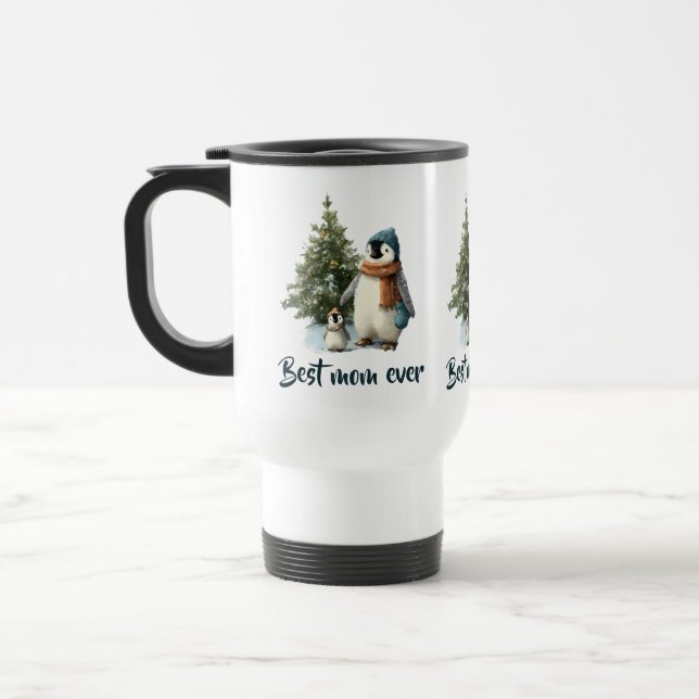 Personalised Winter Penguin “Best Mum Ever” Travel Mug (Left)