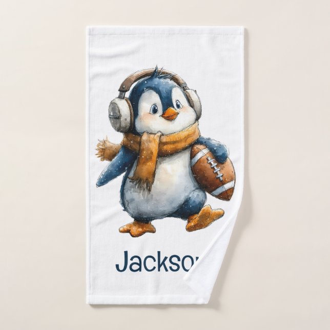 Personalised Winter Penguin Football Kid Bath Towel Set (Hand Towel)