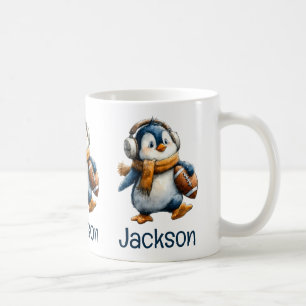 Personalised Winter Penguin Football Kid Coffee Mug