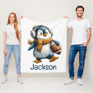Personalised Winter Penguin Football Kid Fleece Blanket