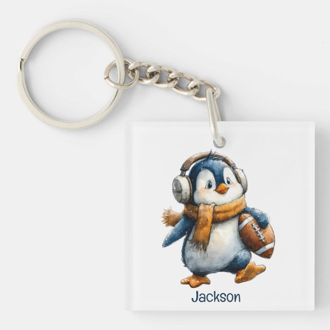 Personalised Winter Penguin Football Kid Key Ring (Front)