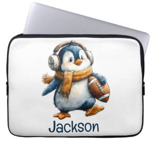 Personalised Winter Penguin Football Kid Laptop Sleeve